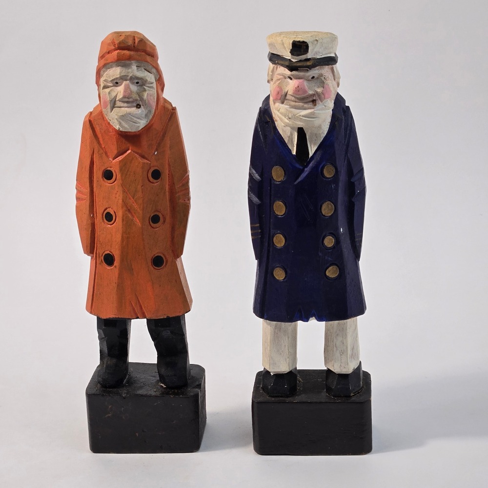 Vintage Hand Carved Wood Sea Captain Fisherman Figurines Nautical Decor Set of 2